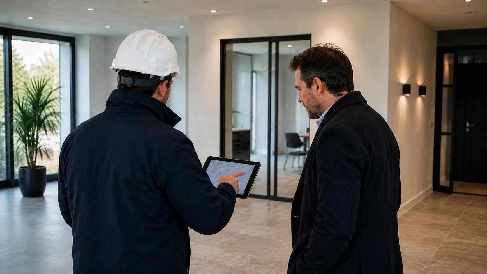 Responsable de chantier présentant un plan sur tablette à un client dans un logement rénové.