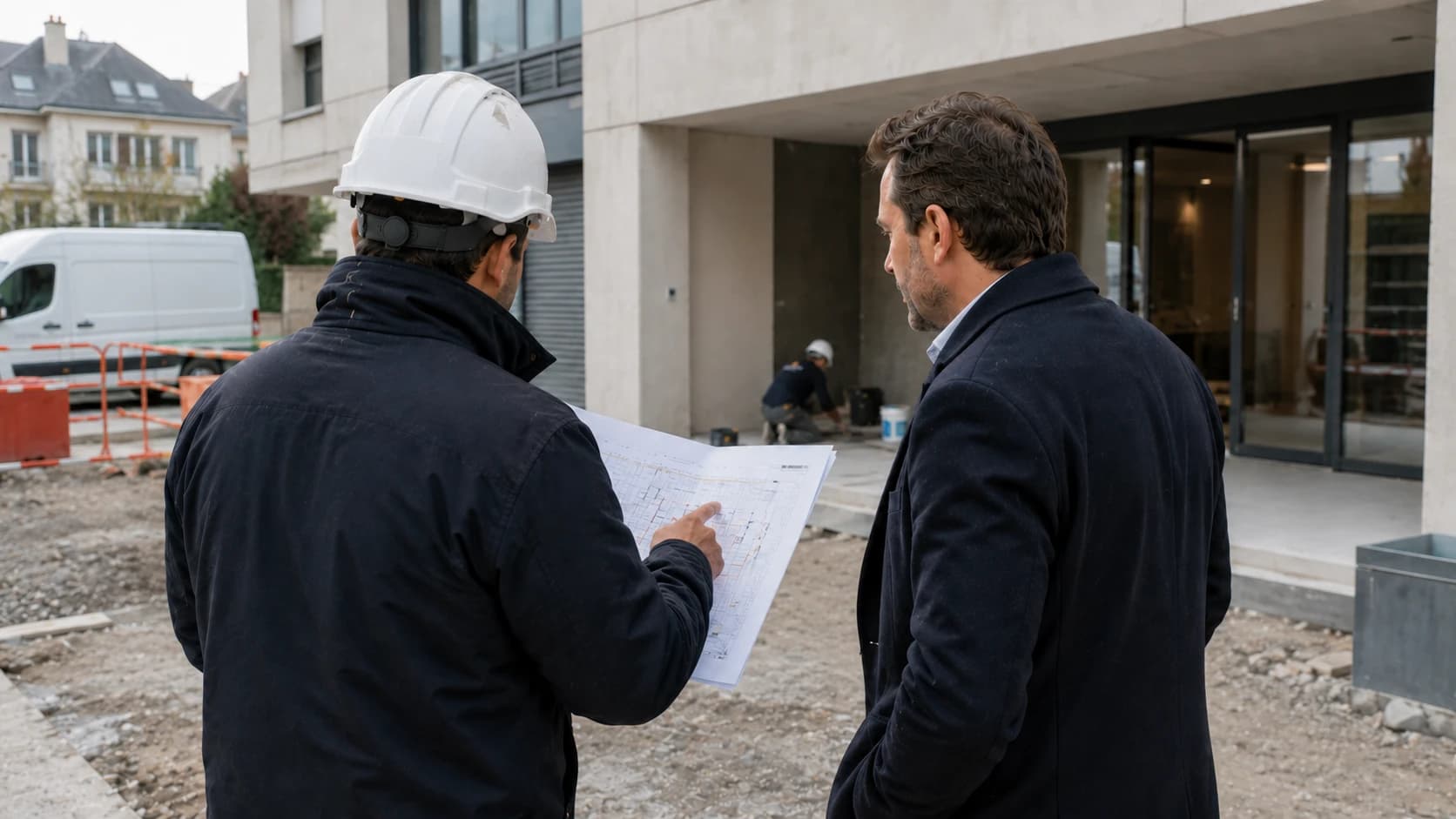 Échange autour de plans devant un bâtiment en cours de rénovation.