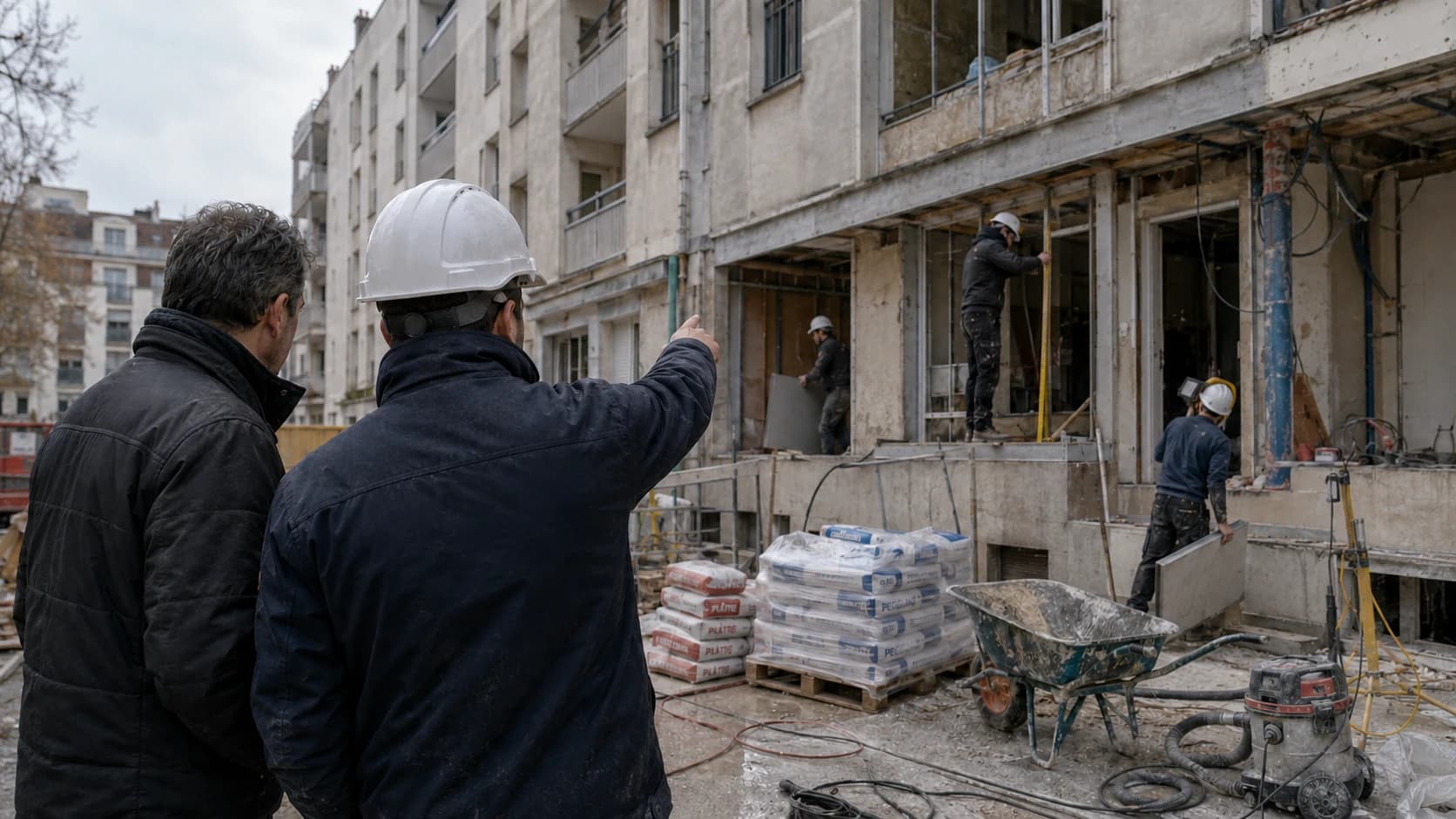 Responsables de chantier observant une opération de rénovation d’un immeuble collectif
