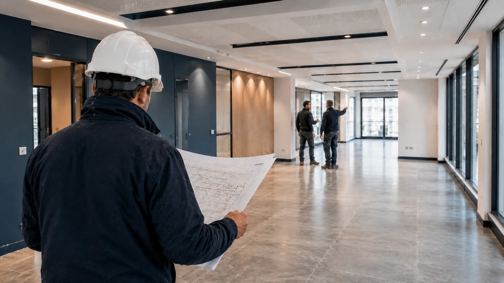 Responsable de chantier consultant des plans dans un plateau de bureaux rénové.