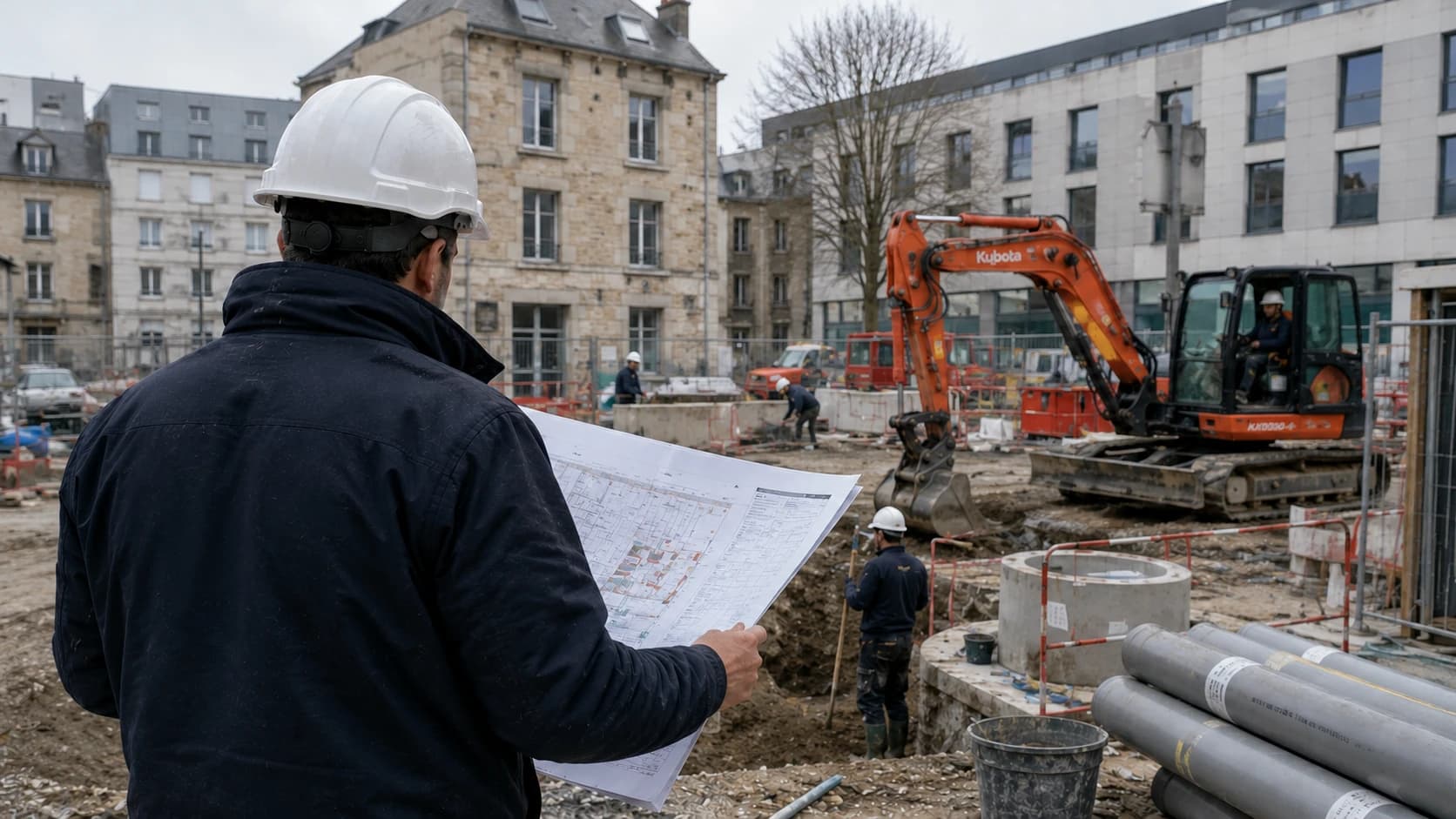 Responsable de chantier consultant des plans devant un chantier urbain de gros œuvre.