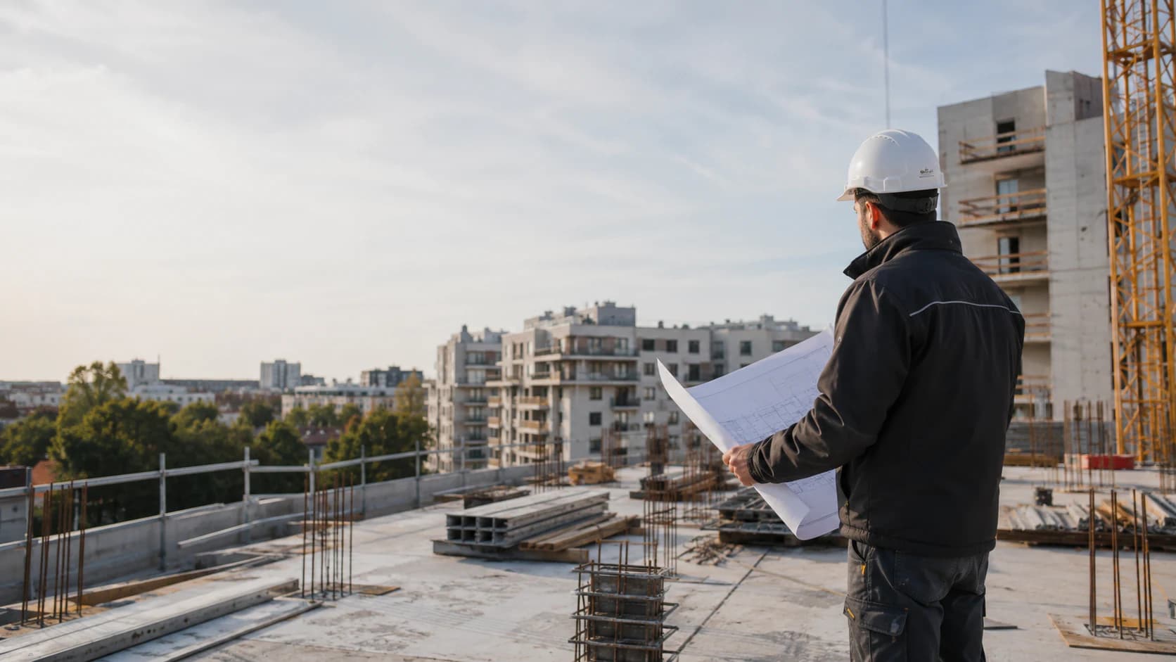 Responsable de chantier consultant un plan sur le toit-terrasse d’un immeuble en construction.