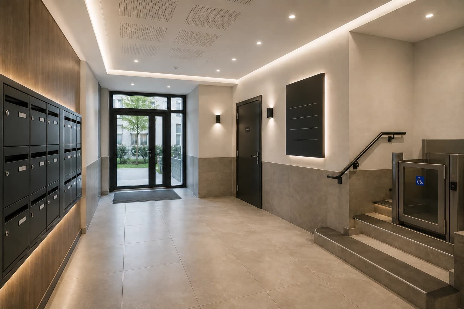 Hall d’un immeuble tertiaire rénové.