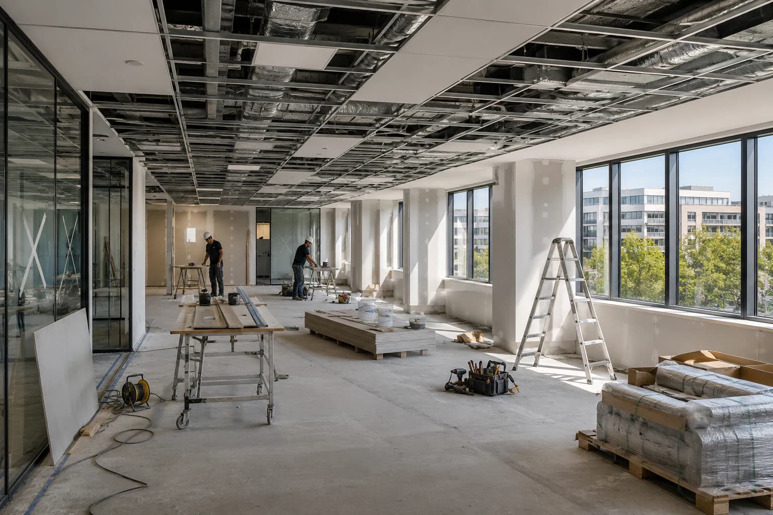 Plateau de bureaux en cours de rénovation, faux-plafond technique déposé.