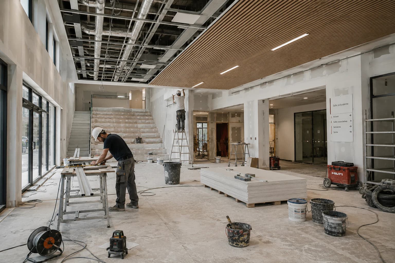 Hall d’un équipement public en cours de rénovation, plafond technique apparent.