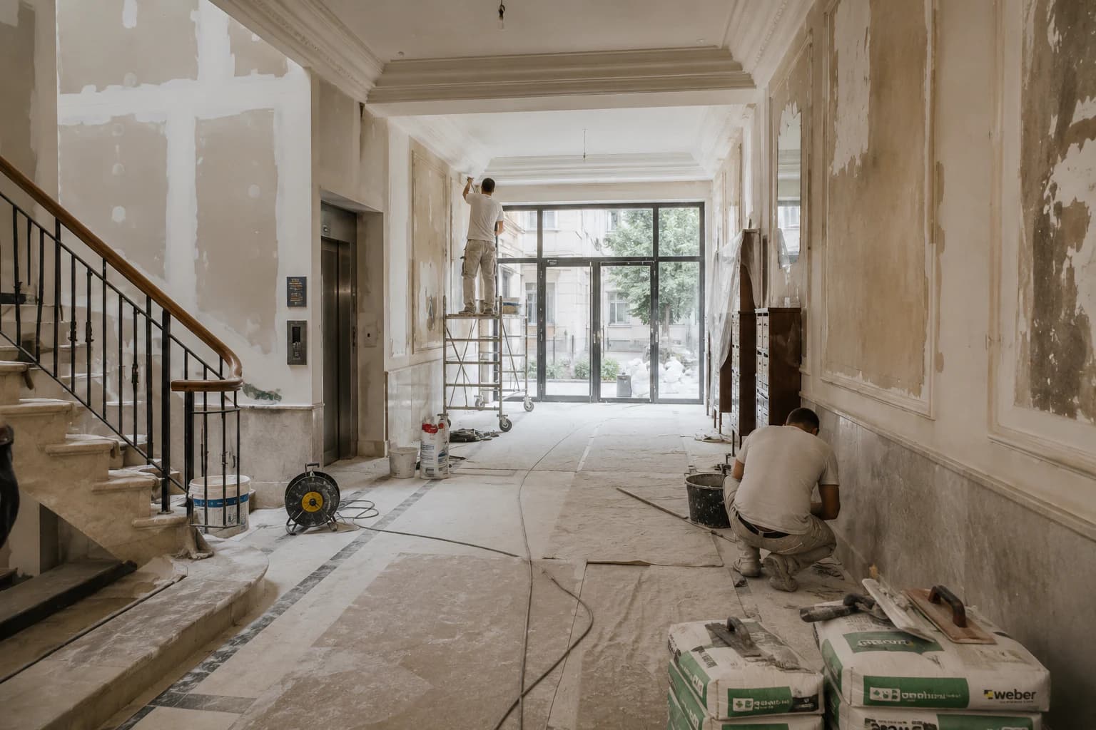 Hall d’un immeuble ancien en cours de rénovation, escalier et ascenseur.