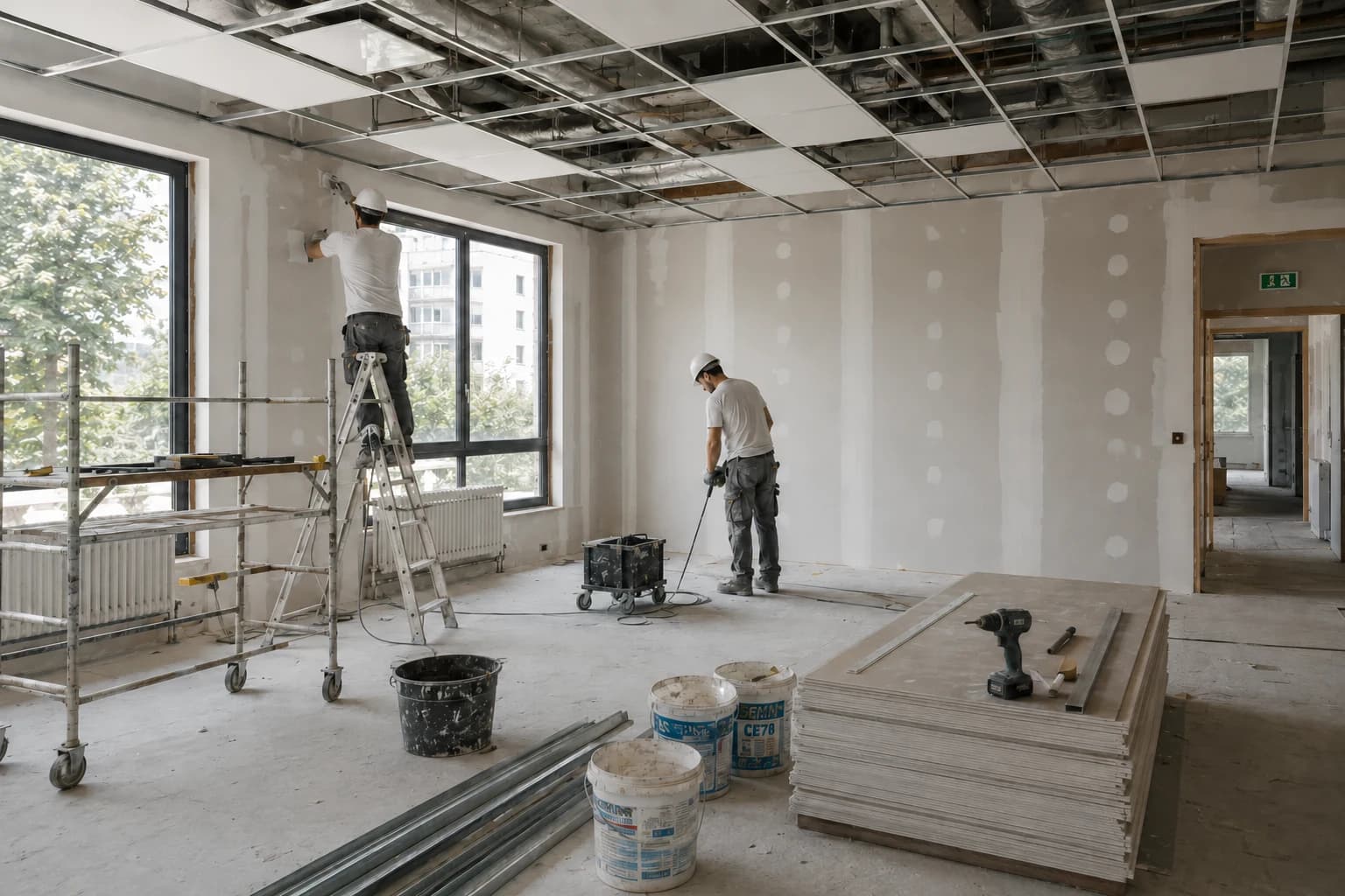Salle de classe en cours de rénovation, murs et plafond en travaux.