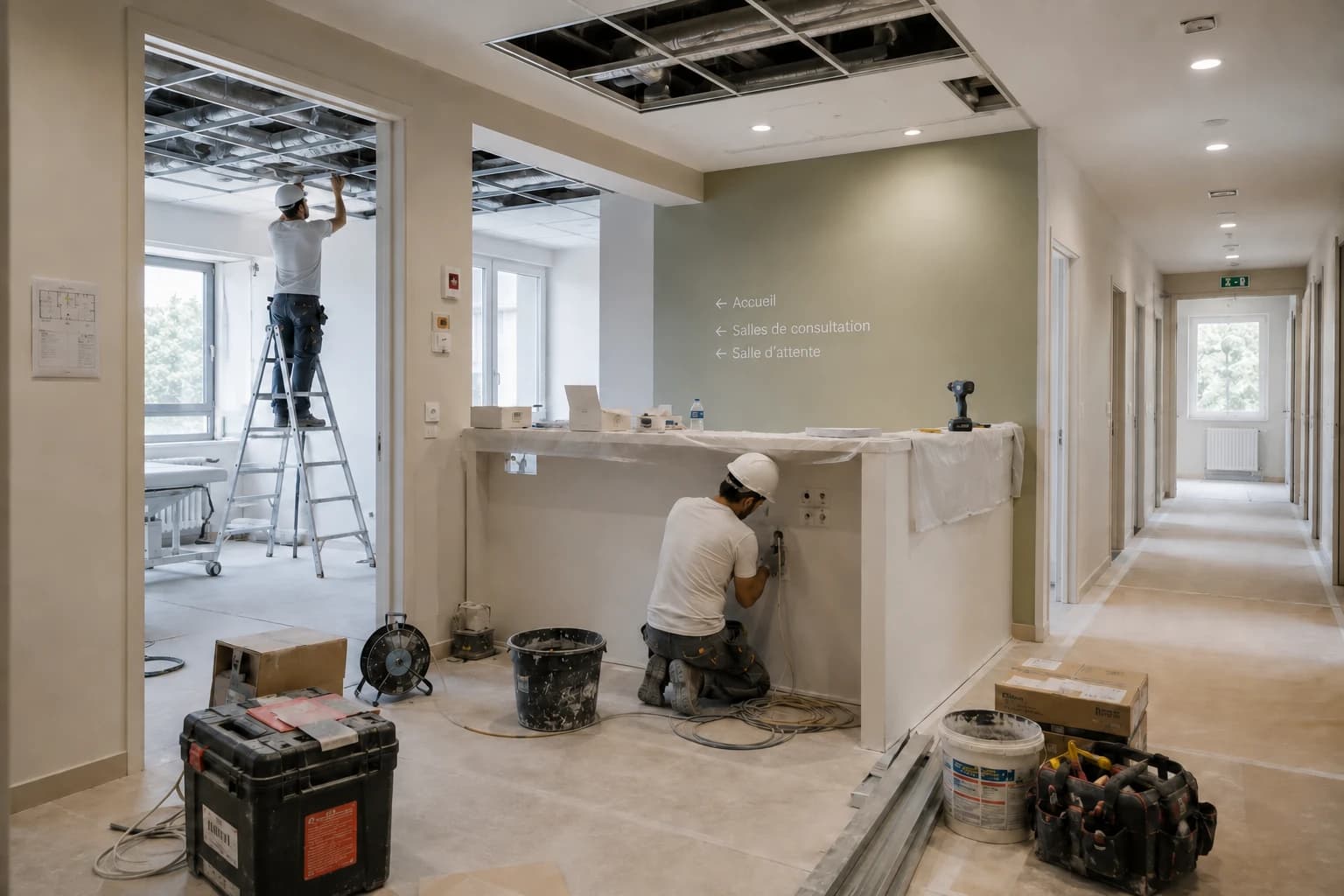 Local médical en cours de rénovation, couloir et banque d’accueil en travaux.