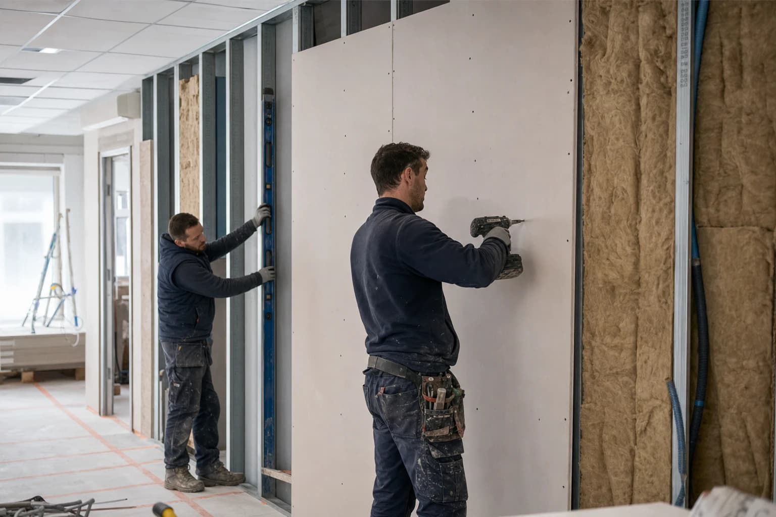 Pose d’une cloison en plaques de plâtre avec isolation sur ossature métallique