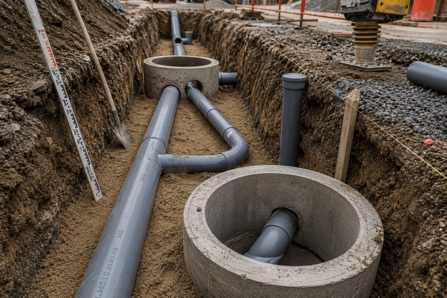 Pose de réseaux d’évacuation (eaux usées / eaux pluviales).