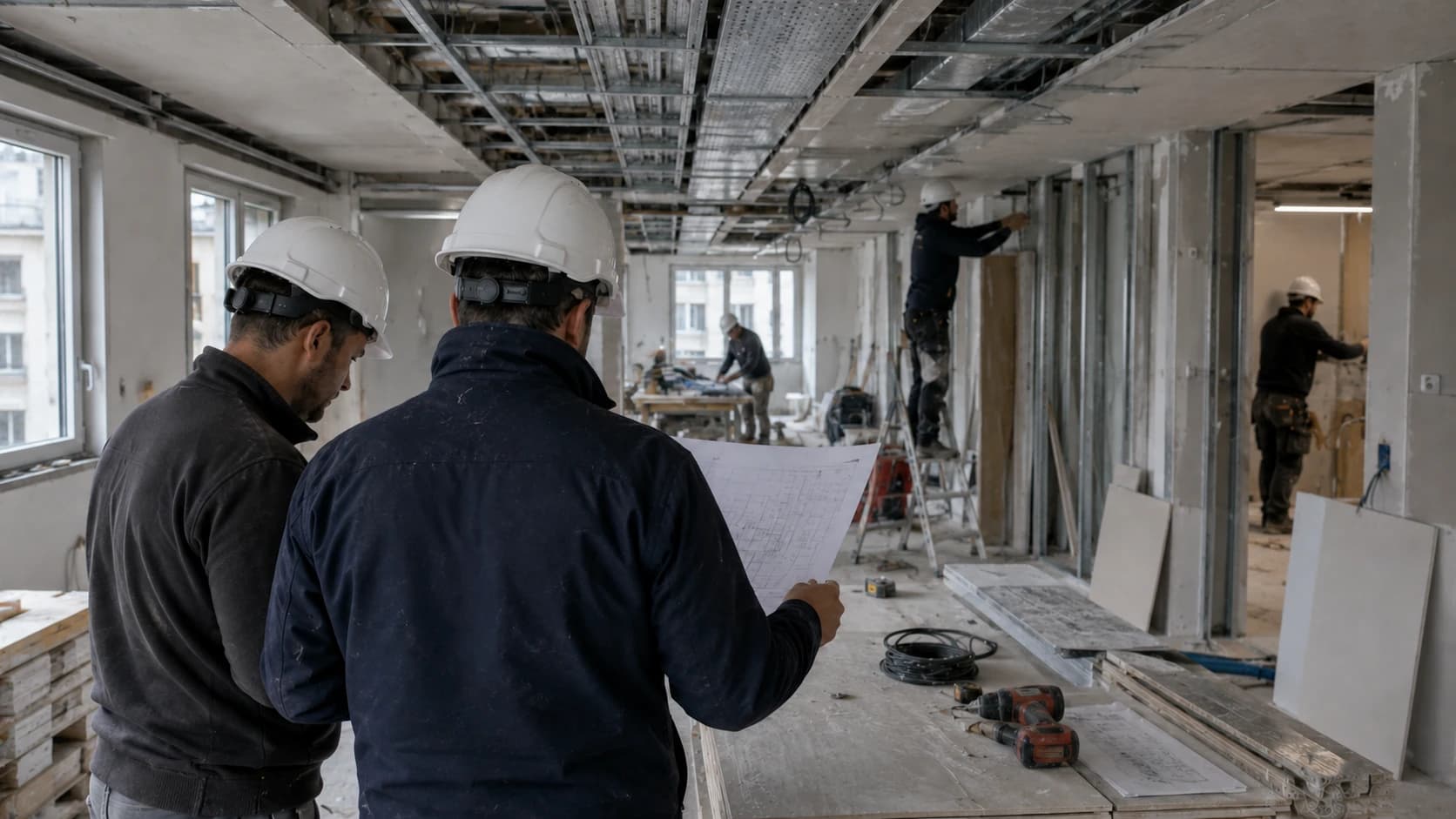 Responsables de chantier consultant des plans dans un local en cours de rénovation intérieure.