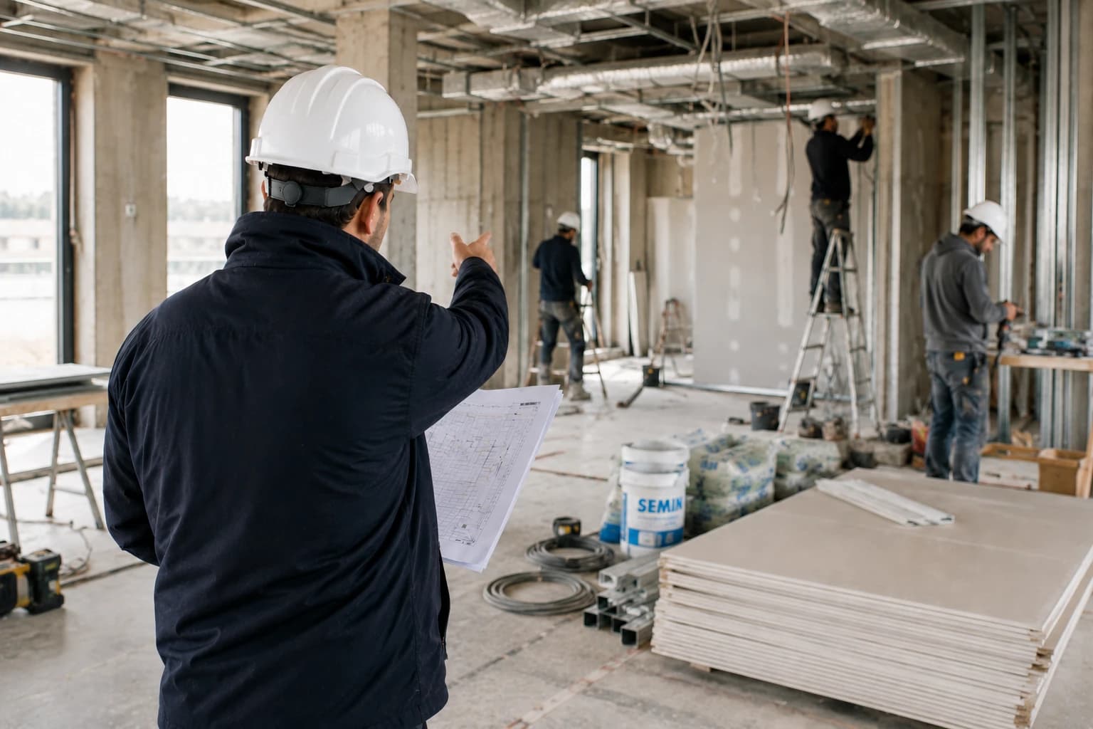 Conducteur de travaux coordonnant une intervention sur un chantier en rénovation.